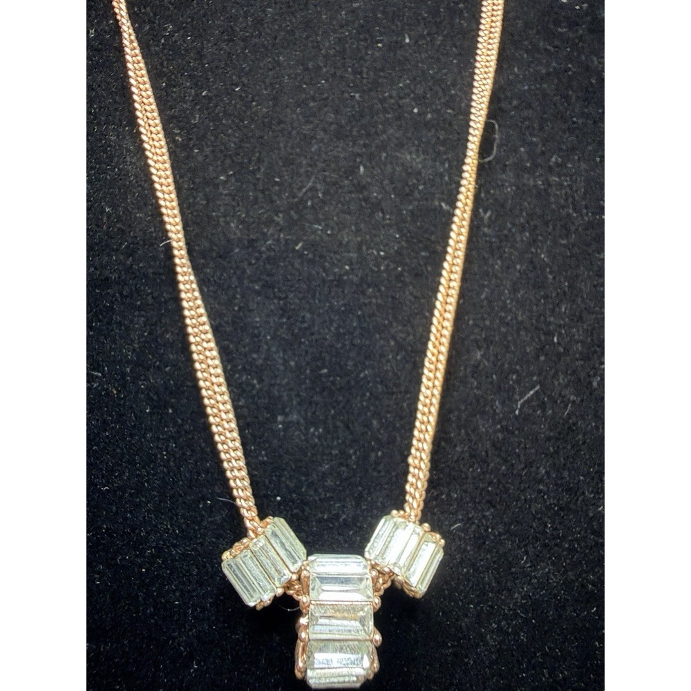 Betsey Johnson Clear Crystal Rose Gold Tone Baguette Pendant Necklace Signed - Picture 1 of 7